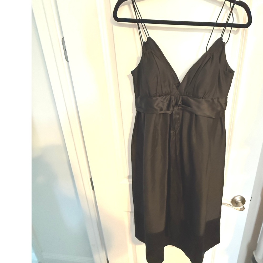 bebe Black Cocktail Dress Women Size Small 100% Silk Empire Waist Tie Front Bow